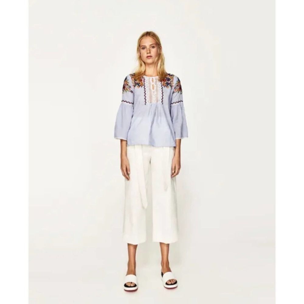 Zara Basic GUC Embroidered Striped Blouse Top Size XS - Picture 3 of 9